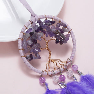 Handmade Purple Tree of Life Dreamcatcher with Purple Feathers - Amethyst Stones -- Rearview Mirror Hanging or Wall Hanging
