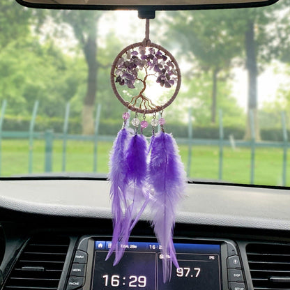 Handmade Purple Tree of Life Dreamcatcher with Purple Feathers - Amethyst Stones -- Rearview Mirror Hanging or Wall Hanging