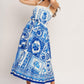 BLUE MAJOLICA CHARM WOVEN MIDI DRESS