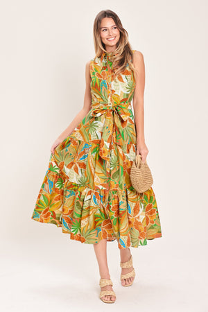 TROPICAL BLOOM TIERED WOVEN MINI SHIRT DRESS