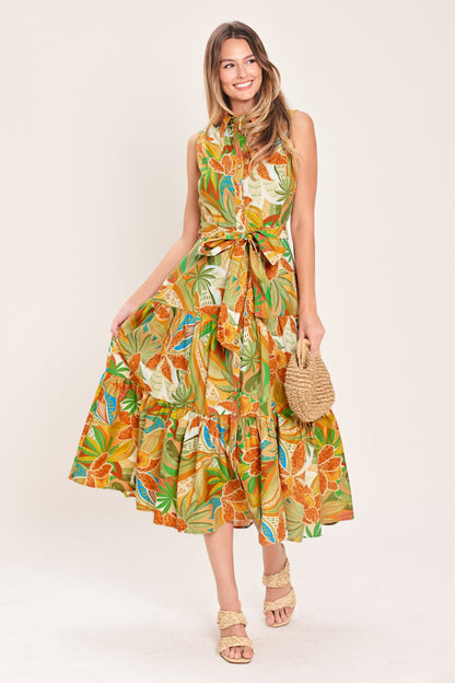 TROPICAL BLOOM TIERED WOVEN MINI SHIRT DRESS