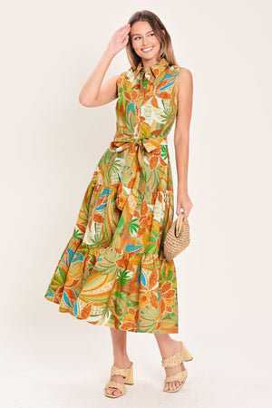 TROPICAL BLOOM TIERED WOVEN MINI SHIRT DRESS