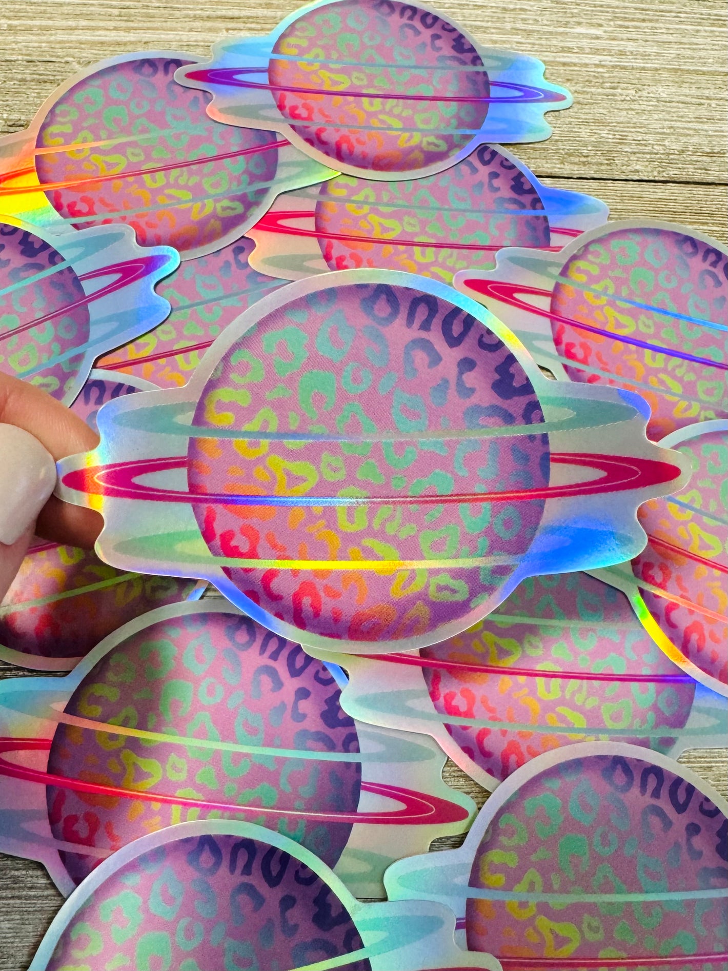 Bespattered Facade Holographic Rainbow Leopard Print Planet Sticker