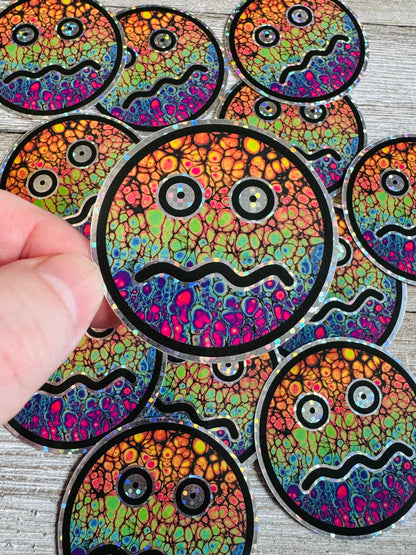 Bespattered Facade Anxiety Face Holographic Glitter Sticker