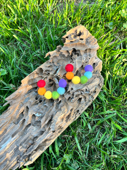 Rainbow Felt Ball Hoop Earring