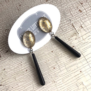 Gold Mercury & Skinny Black Teardrop Earrings