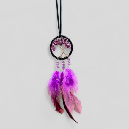 Handmade Dark Purple Gradient Tree of Life Dreamcatcher with Purple Feathers -- Rearview Mirror Hanging or Wall Hanging