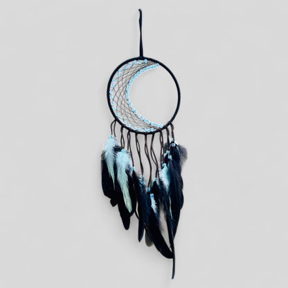 Medium Wall Hanging Crescent Moon Dream Catcher with Black & Light Blue Feathers, Modern Boho Style Home Decor