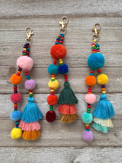 Colorful Beaded Pom Pom Tassel Keychain / Bag Charm