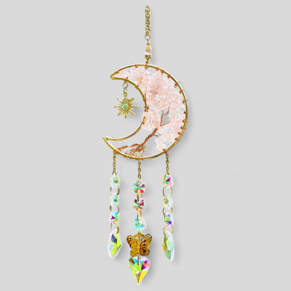 Gold Metal Crescent Moon Dreamcatcher Suncatcher with Tree of Life Rose Quartz & Hanging Jewel Charms  -- Window Hanging or Wall Hanging