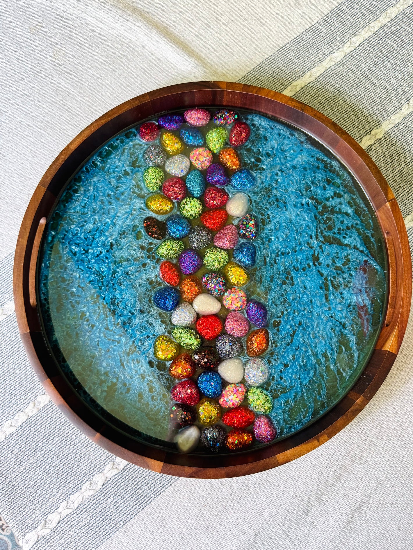 Glittery Rainbow Pebbles Large Round Acacia Wood Tray