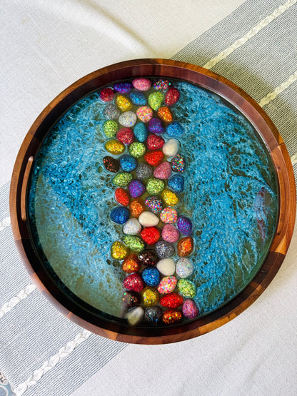 Glittery Rainbow Pebbles Large Round Acacia Wood Tray