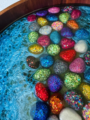 Glittery Rainbow Pebbles Large Round Acacia Wood Tray