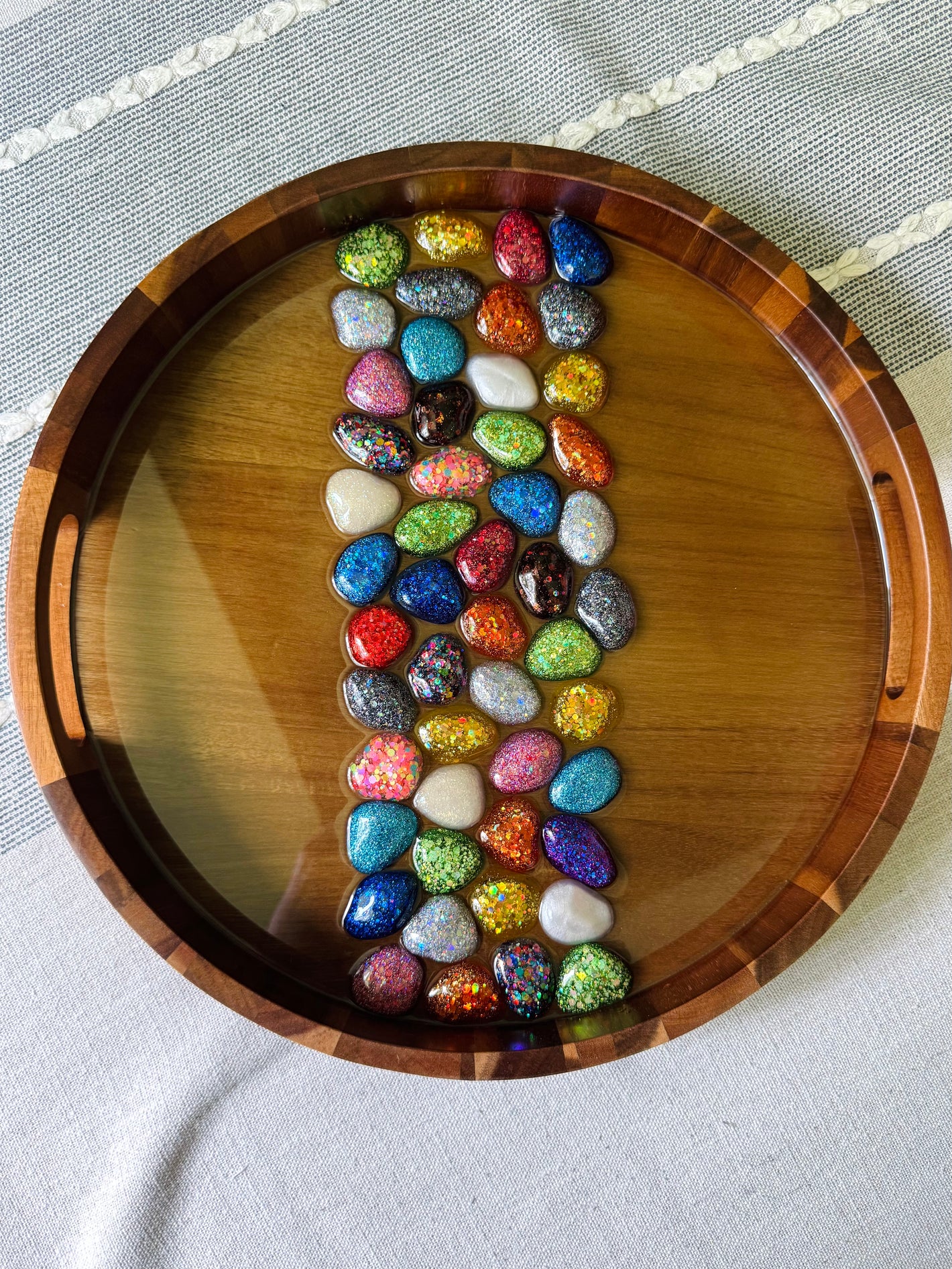 Glittery Rainbow Pebbles Medium Round Acacia Wood Tray