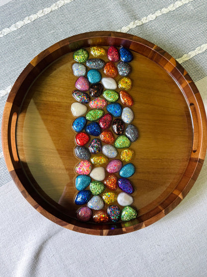 Glittery Rainbow Pebbles Medium Round Acacia Wood Tray