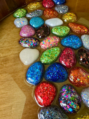 Glittery Rainbow Pebbles Medium Round Acacia Wood Tray
