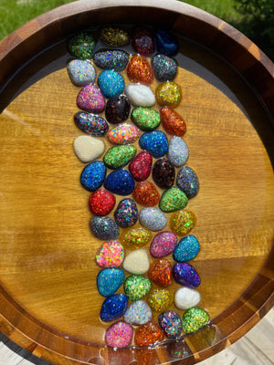 Glittery Rainbow Pebbles Medium Round Acacia Wood Tray