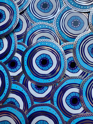 Bespattered Facade Metallic Silver and Blue Doodle Evil Eye Sticker