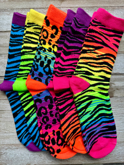 Neon Animal Print Unisex Mid-Calf Adult Socks Set