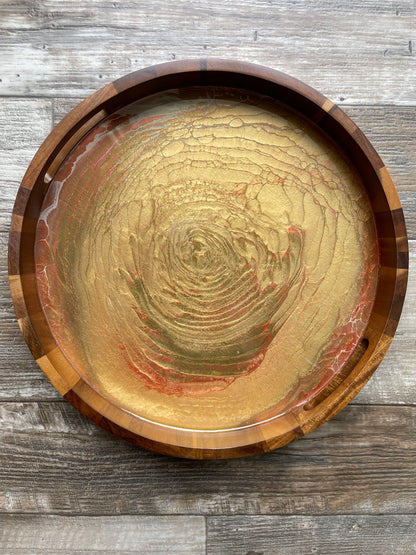 "The Audition Collection" Warm Metallic Neutrals Medium Round Acacia Wood Tray
