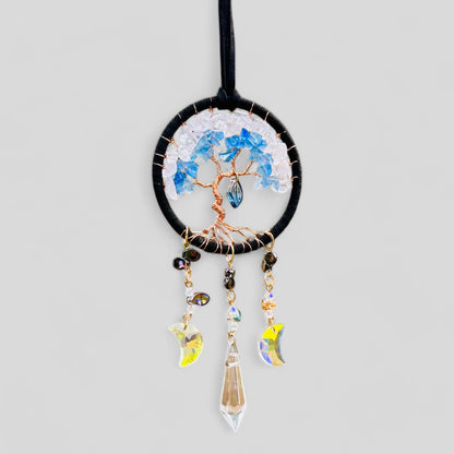 Handmade Tree of Life Dreamcatcher with Crystal Moons - Rearview Mirror Suncatcher Hanging or Wall Hanging