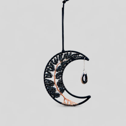 Medium Wall Hanging Crescent Moon Dream Catcher with Black Obsidian Stones & Hanging Stone Charm Blacked Out Modern Home Decor Tree of Life