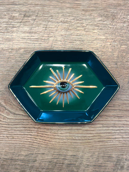 Green and Rose Gold Hexagon Evil Eye Jewelry/Trinket/Ring Dish