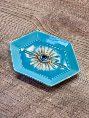 Blue and Rose Gold Hexagon Evil Eye Jewelry/Trinket/Ring Dish