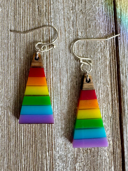 Bespattered Facade Rainbow Stripes Wood and Resin Dangly Earrings