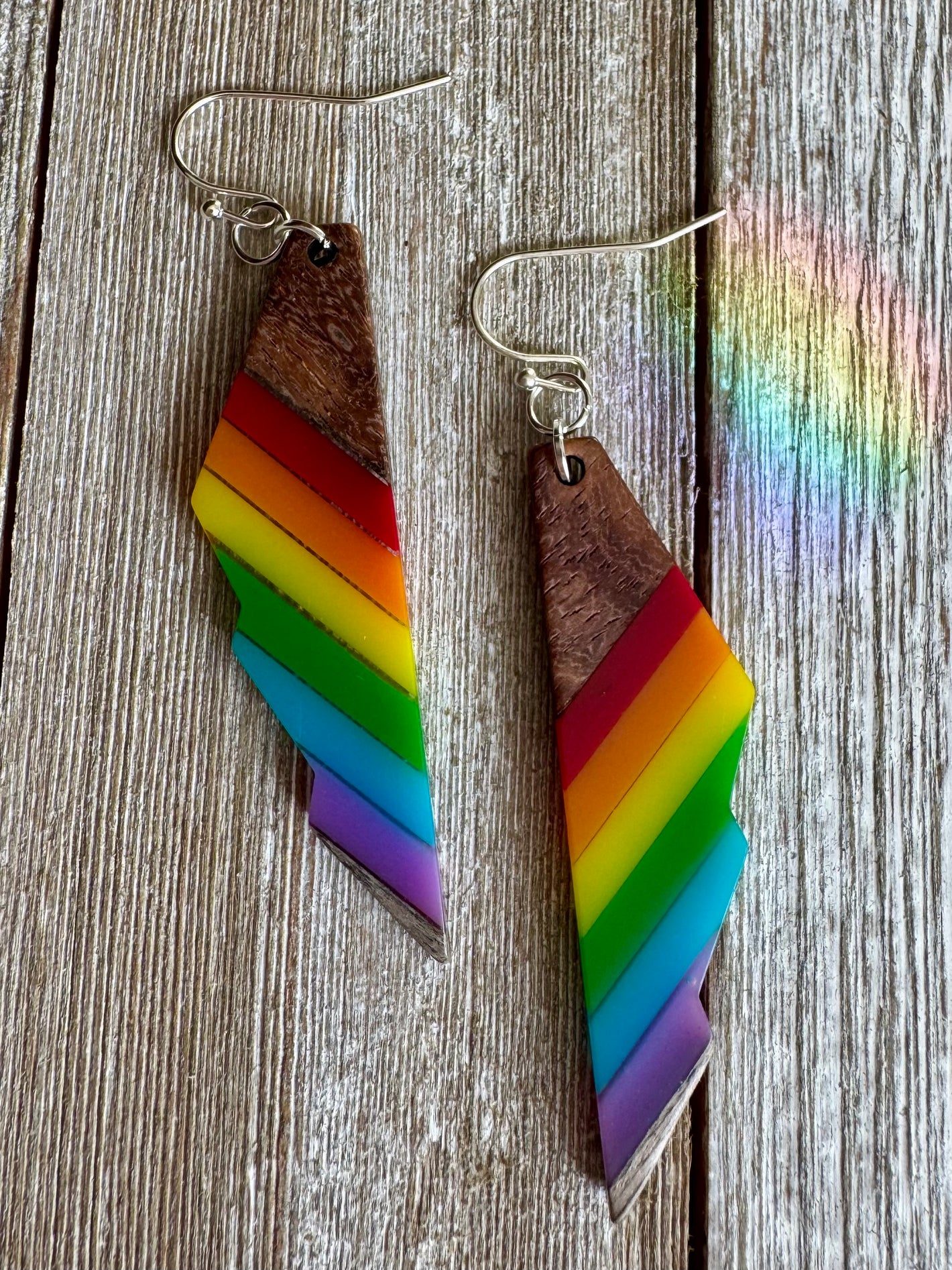 Bespattered Facade Rainbow Stripes Wood and Resin Dangly Earrings