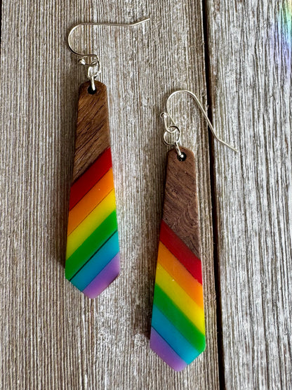 Bespattered Facade Rainbow Stripes Wood and Resin Dangly Earrings