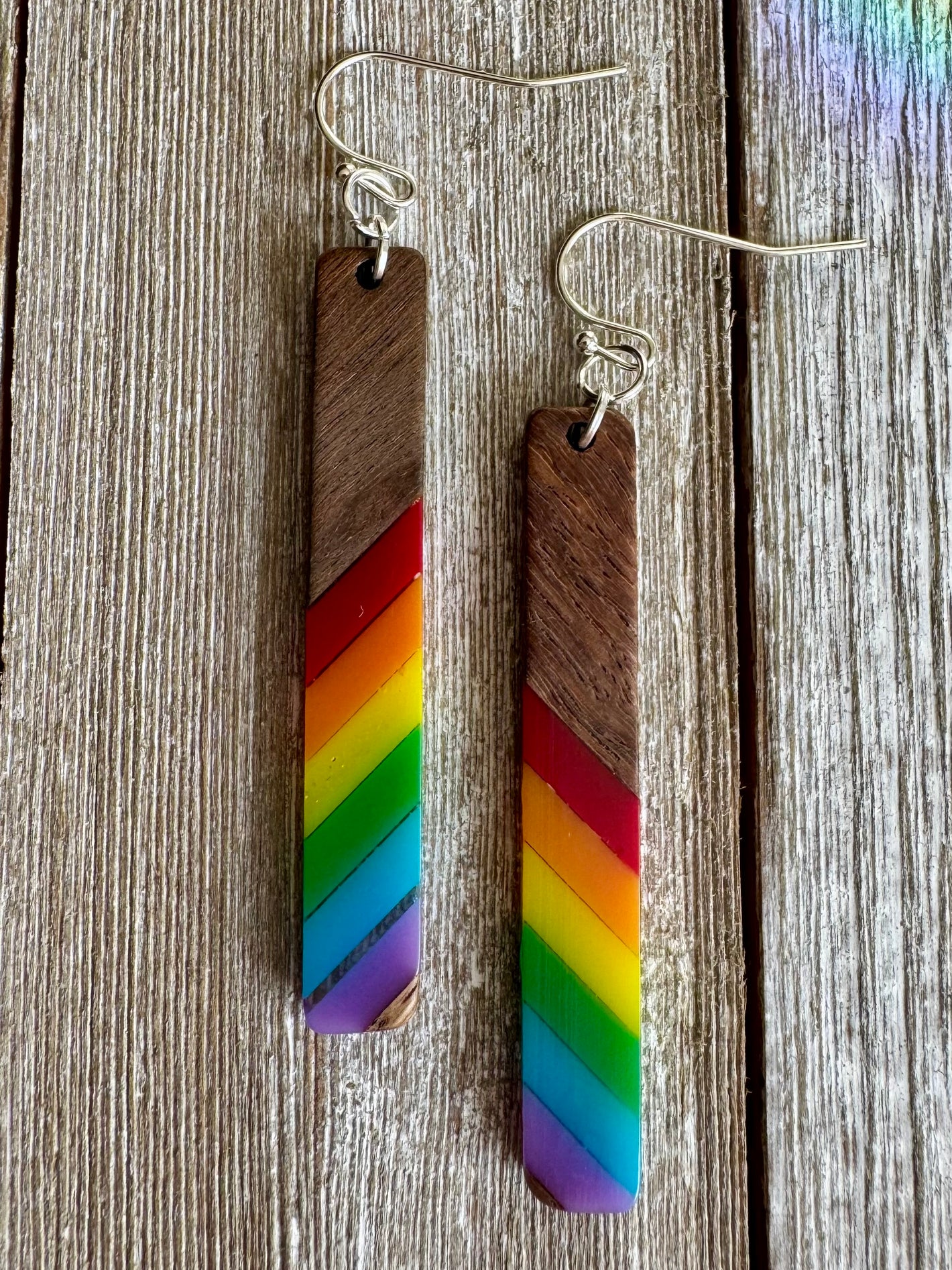 Bespattered Facade Rainbow Stripes Wood and Resin Dangly Earrings