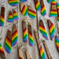 Bespattered Facade Rainbow Stripes Wood and Resin Dangly Earrings