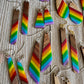 Bespattered Facade Rainbow Stripes Wood and Resin Dangly Earrings