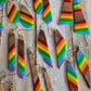 Bespattered Facade Rainbow Stripes Wood and Resin Dangly Earrings