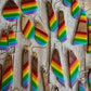 Bespattered Facade Rainbow Stripes Wood and Resin Dangly Earrings
