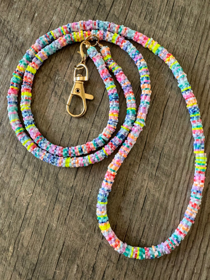 Neon Rainbow Soft Polymer Clay Beaded ID Badge Lanyard / Crossbody Phone Strap / Keychain