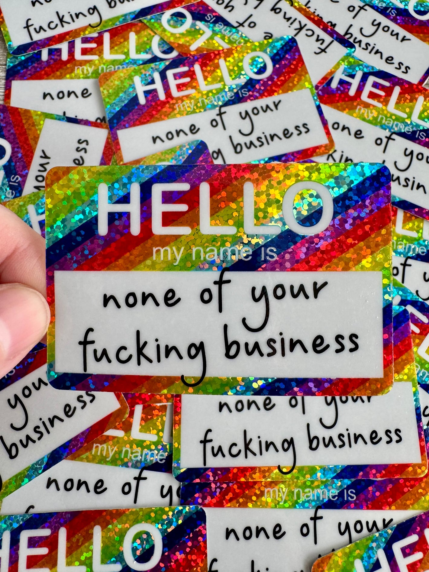Bespattered Facade Rainbow Holographic Glitter Hello My Name Is Name Tag Sticker