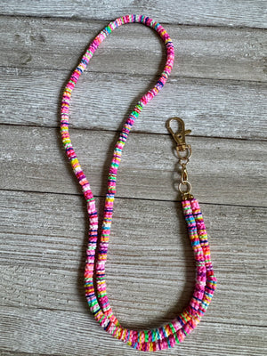 Bright Neon Rainbow Soft Polymer Clay Beaded ID Badge Lanyard / Crossbody Phone Strap / Keychain