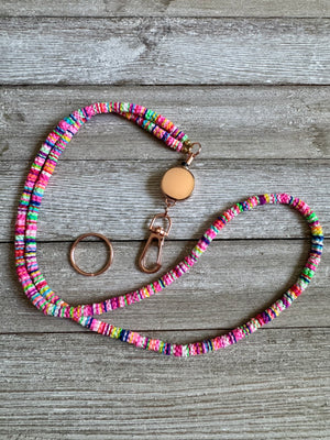Bright Neon Rainbow Soft Polymer Clay Beaded ID Badge Lanyard / Crossbody Phone Strap / Keychain