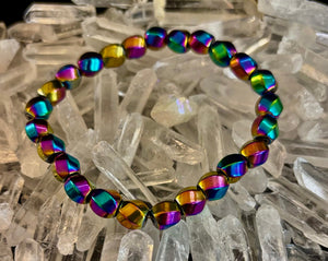 Rainbow Hematite Geometric Beaded Bracelet – Pride & Power for Large Wrists