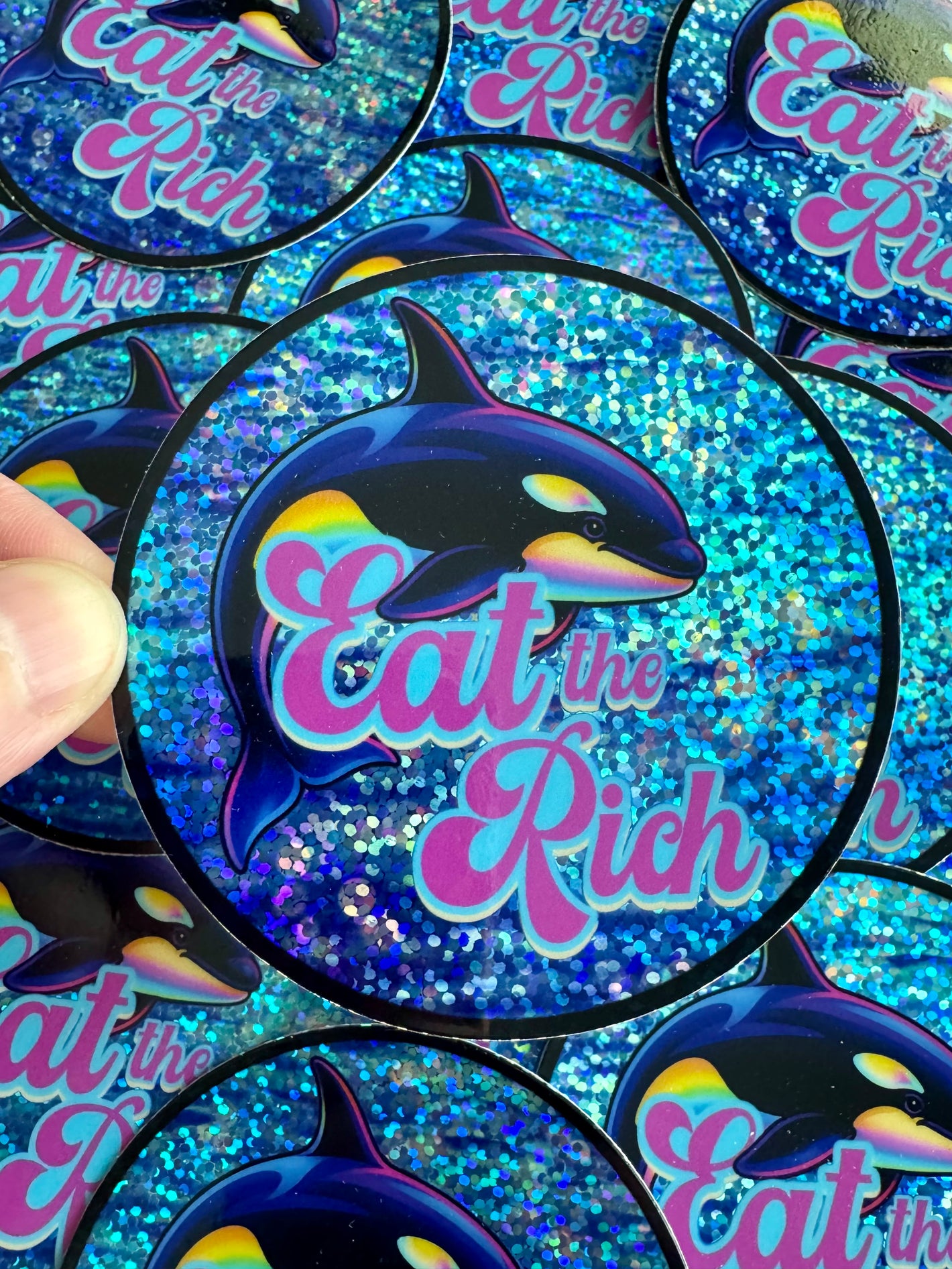 Bespattered Facade Holographic Glitter Eat the Rich Orca Sticker