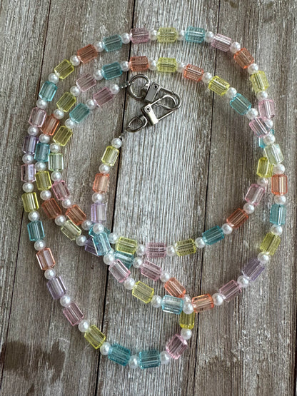 Pastel Rainbow Beaded ID Badge Lanyard / Bag Chain / Phone Crossbody / Purse Charm