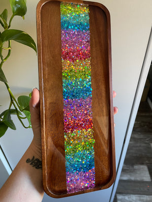 Glitterwhore Pastel Rainbow Medium Rectangular Acacia Wood Tray