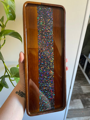 Glitterwhore Rainbow Darkness Medium Rectangular Acacia Wood Tray