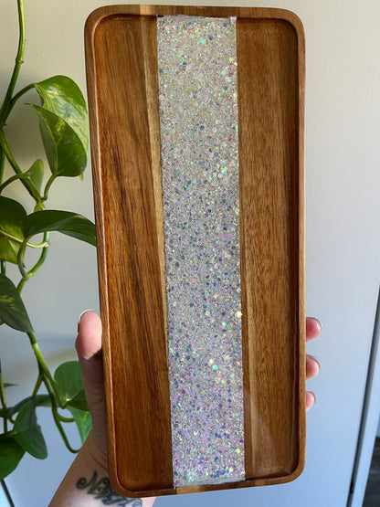 Glitterwhore Opulent Opal Small Rectangular Acacia Wood Tray