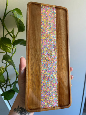 Neon Dots Small Rectangular Acacia Wood Tray