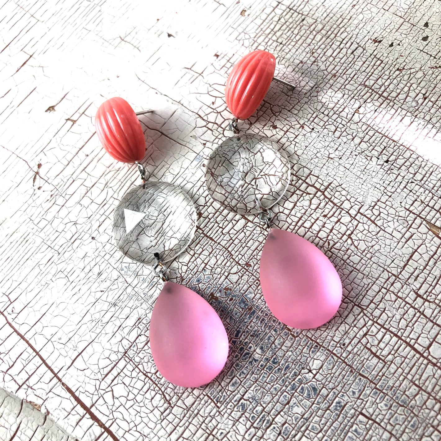 Coral Carved & Crystal Glitz Retro Statement Earrings