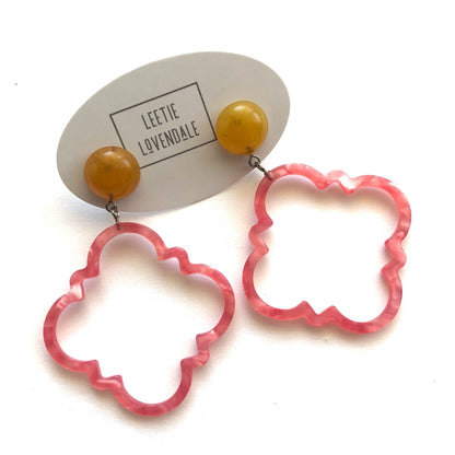 Hot Pink & Honey Amber Marbled Quatrefoil Earrings