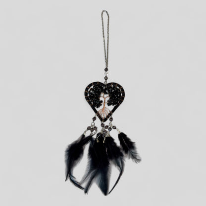 Handmade Black Heart Shape Tree of Life Dreamcatcher with Black Feathers - Black Obsidian Rearview Mirror Hanging or Wall Hanging